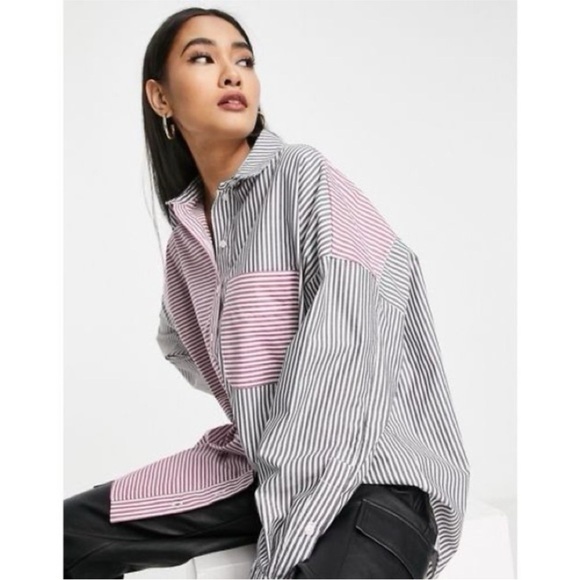 Topshop Women’s Oversized Poplin Stripe Shirt Multi Color - Picture 1 of 6